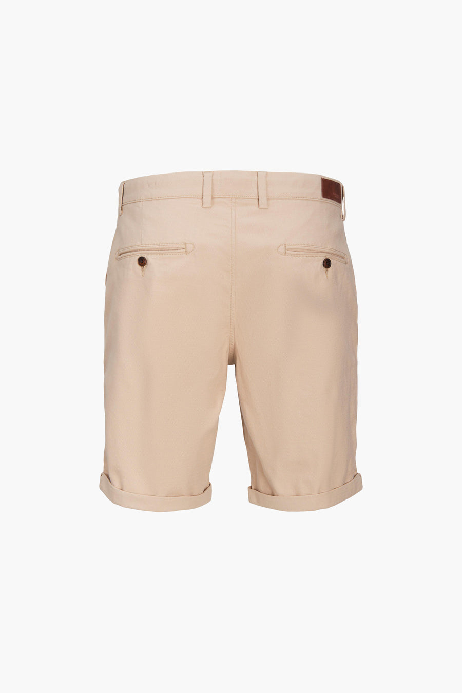 Short beige de JACK & JONES JEANS INTELLIGENCE, avec poches arrière boutonnées et ourlets roulés, vue arrière.
