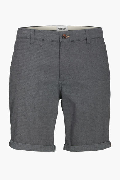 Korte blauwe gemêleerde short van JACK & JONES JEANS INTELLIGENCE, gedragen met lichtbruine sokken en zwarte sneakers.