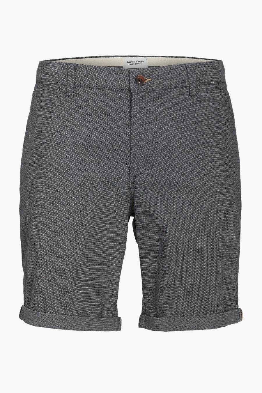 Korte blauwe gemêleerde short van JACK & JONES JEANS INTELLIGENCE, gedragen met lichtbruine sokken en zwarte sneakers.