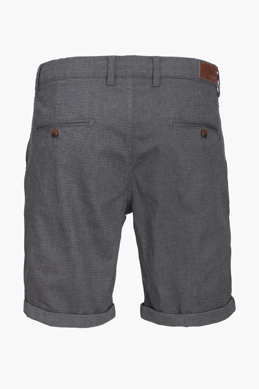 Korte blauwe broek van JACK & JONES JEANS INTELLIGENCE, met achterzakken met knoopsluiting en opgerolde zomen.