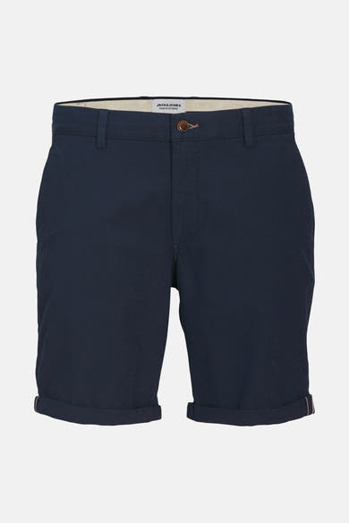 Marineblauwe korte broek van JACK & JONES JEANS INTELLIGENCE, met omgeslagen zomen en knoopsluiting.