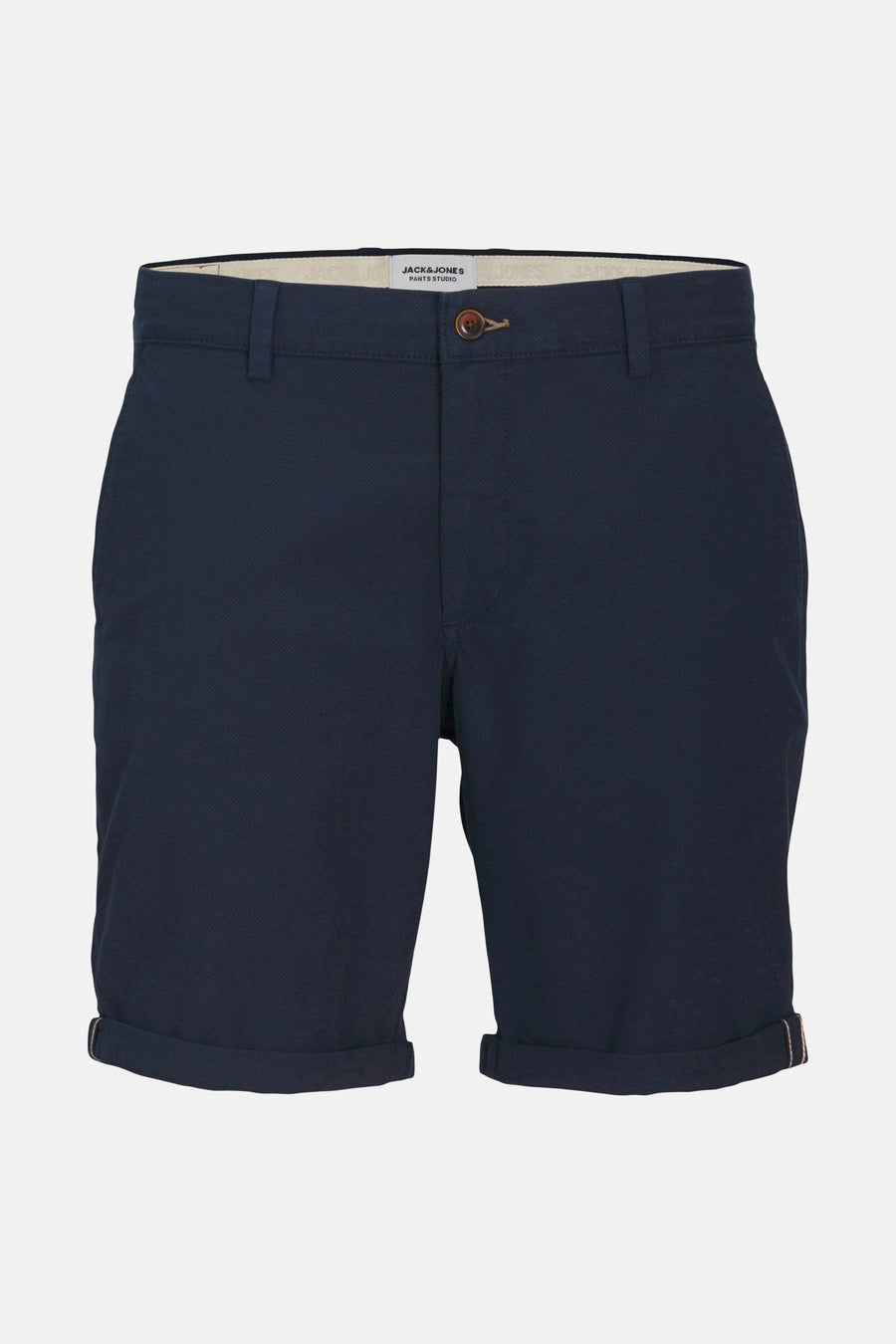 Marineblauwe korte broek van JACK & JONES JEANS INTELLIGENCE, met omgeslagen zomen en knoopsluiting.