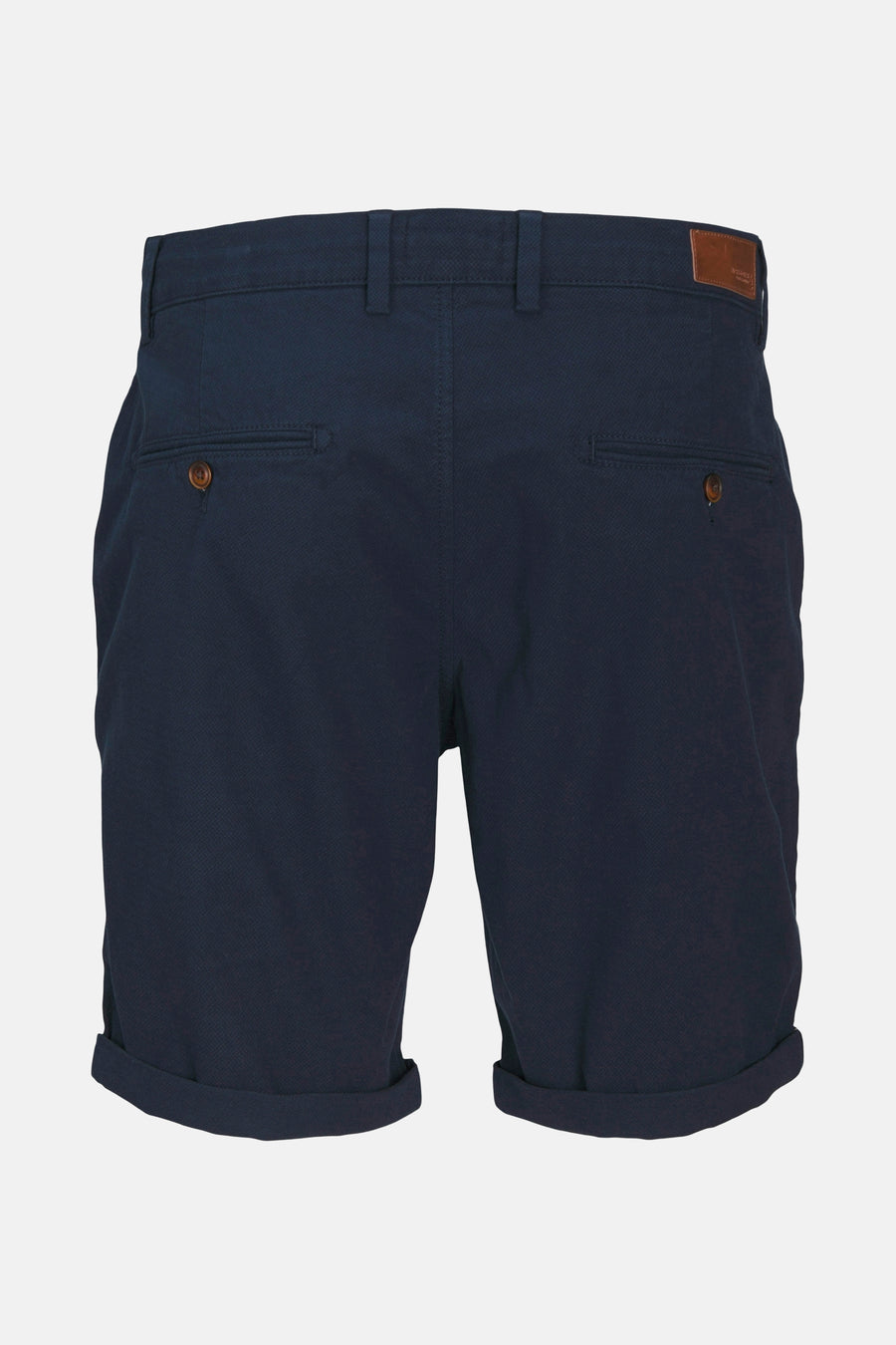 Korte blauwe short van JACK & JONES JEANS INTELLIGENCE, met knoopzakken achter en omslagen bij de knieën.