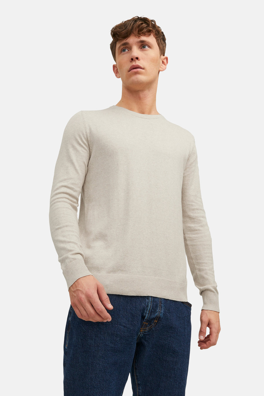 Pull beige col rond de PREMIUM BLUE by JACK & JONES, porté avec un jean bleu foncé.
