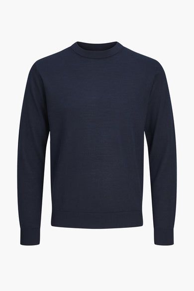Ronde nekpull bleu van PREMIUM BY JACK & JONES, in fijne enkele tricot, op een witte achtergrond.