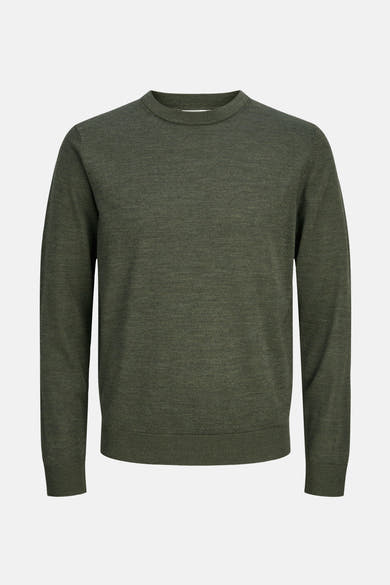 Khaki ronde hals trui van PREMIUM by JACK & JONES, in effen fijn breisel.