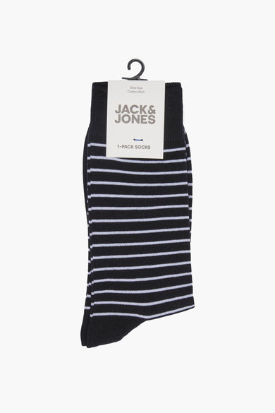 Black cotton-rich socks with white horizontal stripes by Jack & Jones, displayed on hanger with tag, front view