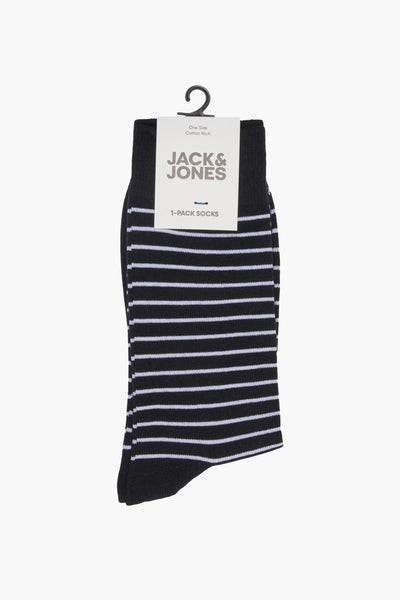 Black cotton-rich socks with white horizontal stripes by Jack & Jones, displayed on hanger with tag, front view