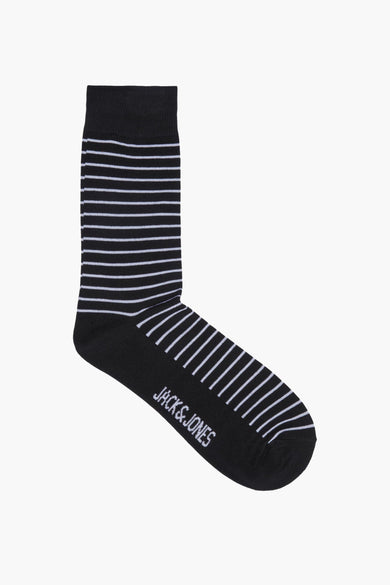 Black crew socks with white horizontal stripes by Jack & Jones, featuring brand logo on foot, side view.