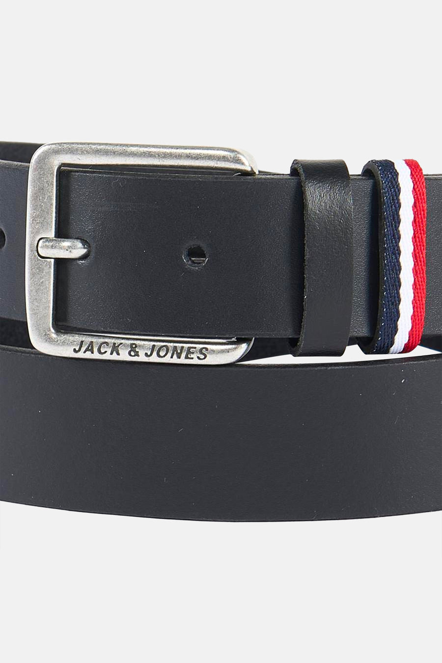 Zwarte leren riem van ACCESSORIES BY JACK & JONES met zilveren gesp en driekleurige lus.