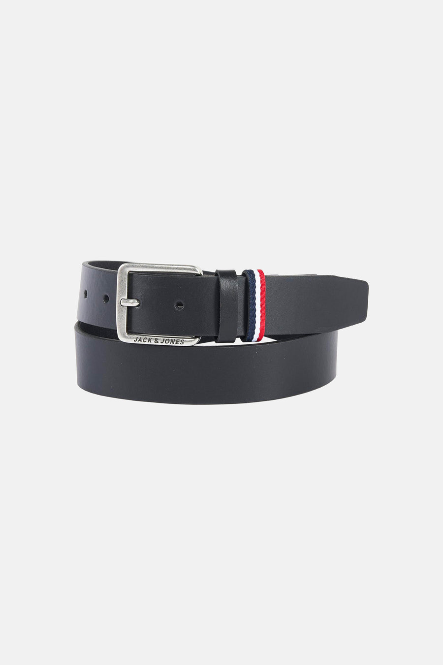 Zwarte riem van ACCESSORIES BY JACK & JONES met zilveren gesp en driekleurige gestreepte detail.
