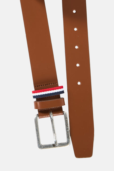 Ceinture marron ACCESSORIES BY JACK & JONES avec boucle argentée et détail tricolore.