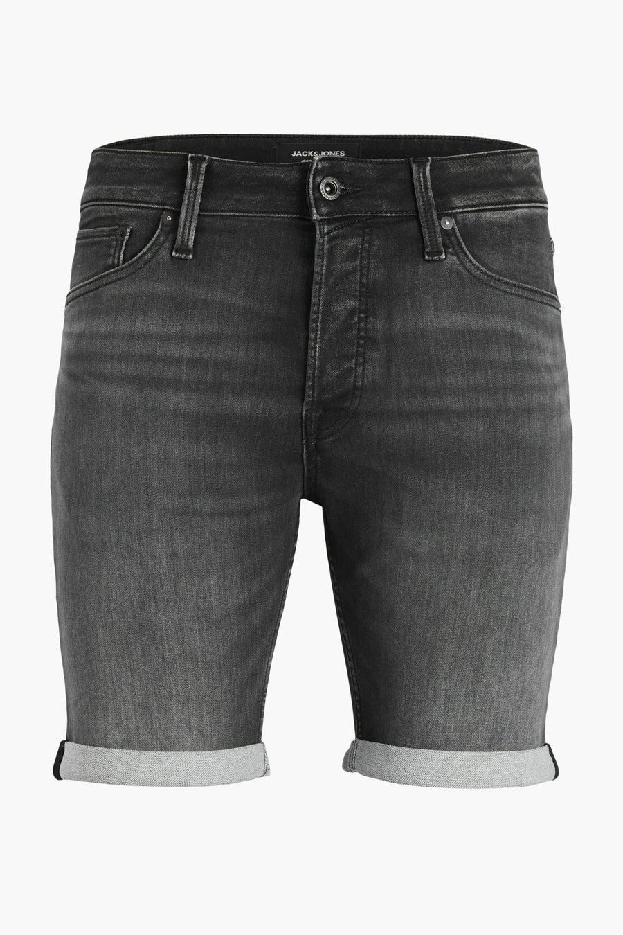 Short en jean noir de JACK & JONES, avec ourlets retournés et effet délavé.