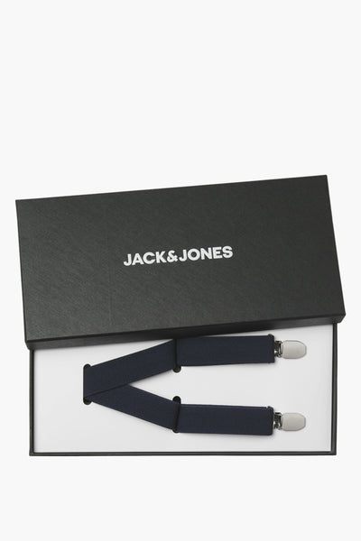 Bretelles bleu marine par ACCESSORIES BY JACK & JONES, présentées dans une boîte noire avec le logo.