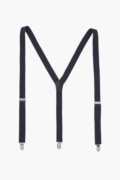 Bretelles bleues, de ACCESSORIES BY JACK & JONES, avec pinces en métal argenté et pièce de raccord en cuir.