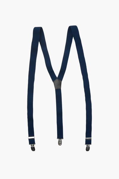 Blauwe bretels van ACCESSORIES BY JACK & JONES met metalen clips en een leren inzetstuk.