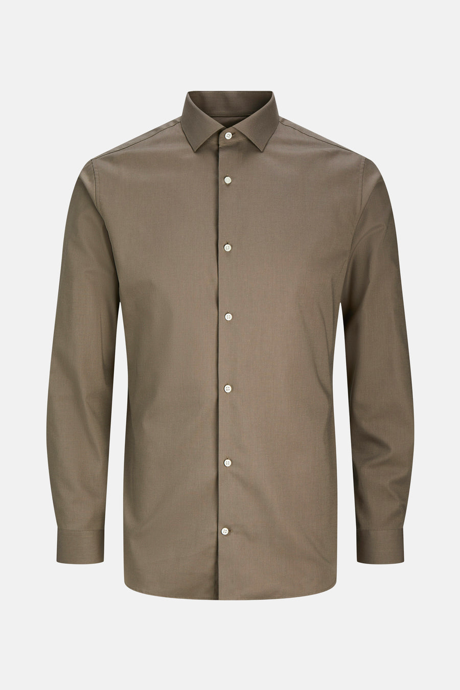 Bruin overhemd met lange mouwen van PREMIUM by JACK & JONES, met witte knopen op een effen achtergrond.