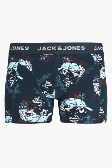 Blauwe boxer ACCESSORIES BY JACK & JONES met schedels, speelkaarten en belettering.