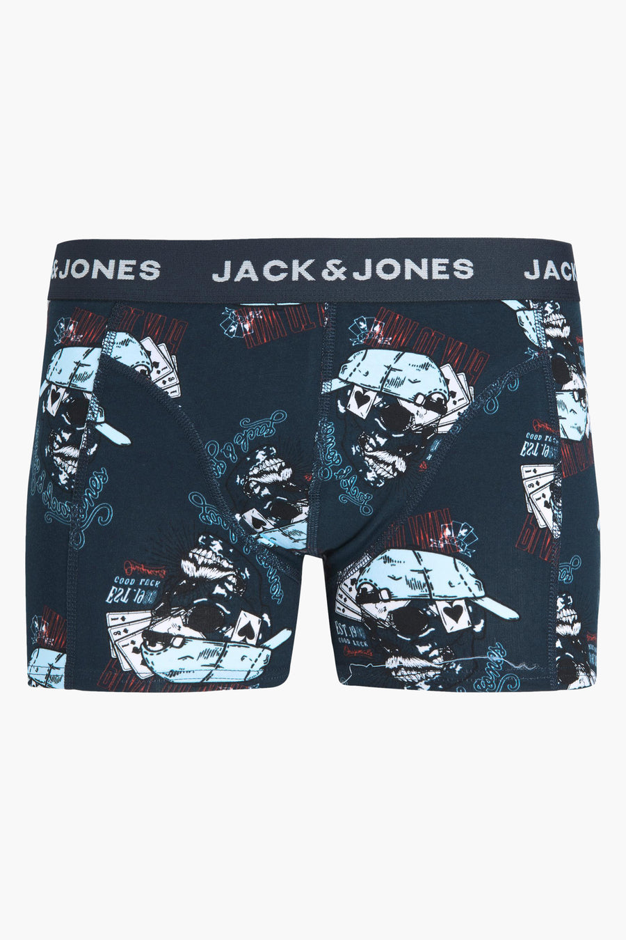 Blauwe boxer ACCESSORIES BY JACK & JONES met schedels, speelkaarten en belettering.
