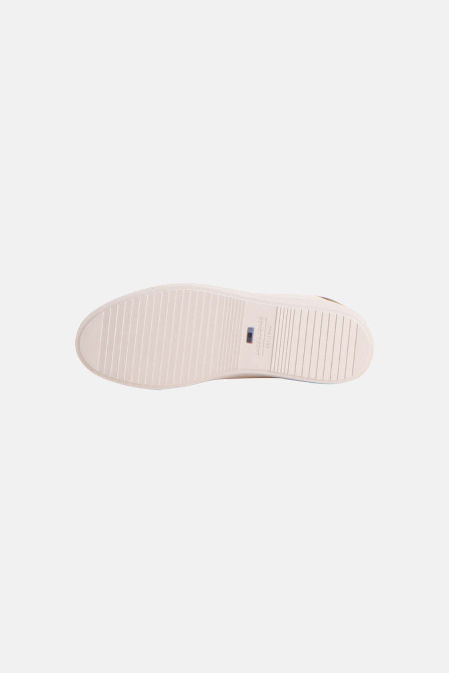 Baskets blanches de Jack & Jones, vue de la semelle striée beige avec le logo imprimé.