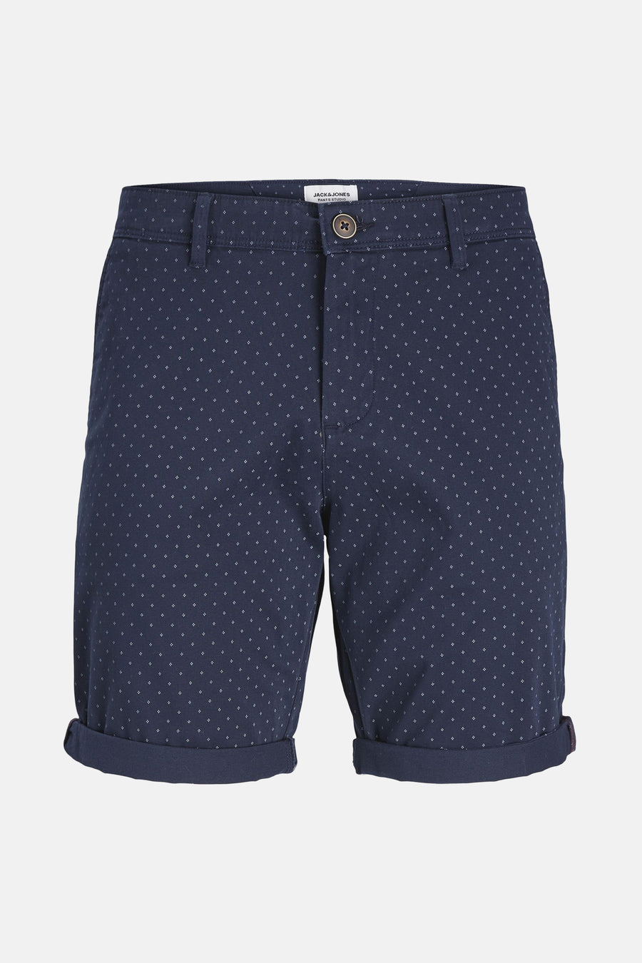 Short bleu marine à motifs, de JACK & JONES JEANS INTELLIGENCE, avec ourlets revers.
