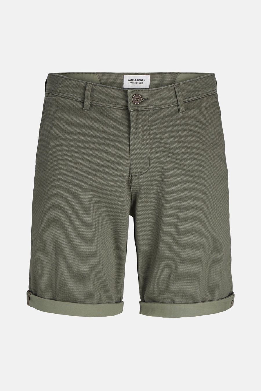 Korte olijfgroene short van JACK & JONES, met omgeslagen zomen en subtiele geruite textuur.