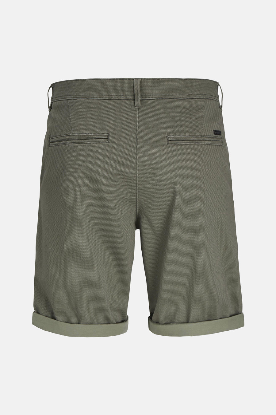 Korte olijfgroene short van JACK & JONES JEANS INTELLIGENCE, met omgeslagen zomen en paspelzakken achter.