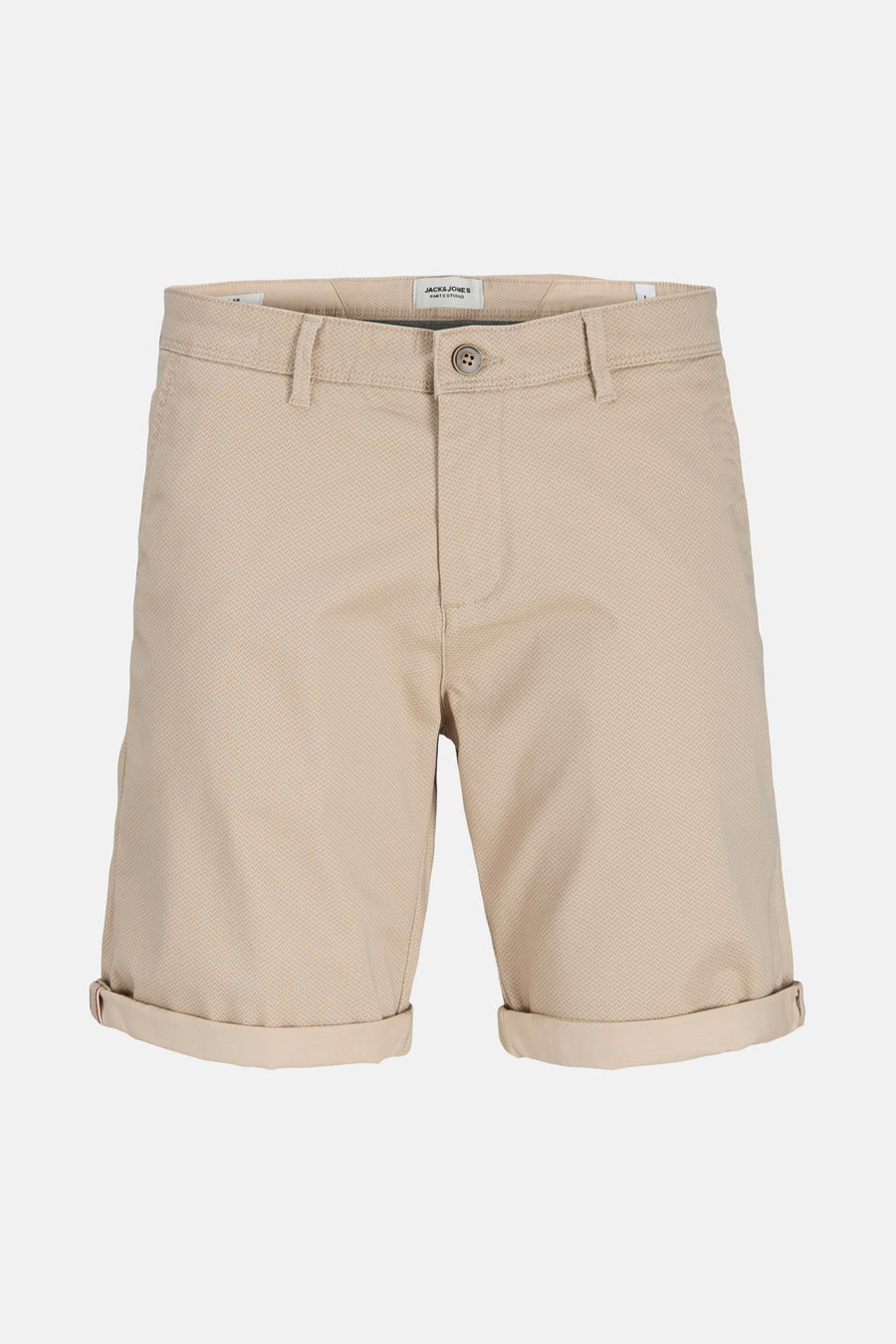 Korte beige broek van JACK & JONES JEANS INTELLIGENCE met subtiel chevronpatroon en opgerolde zomen.