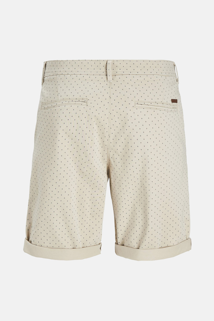 Korte beige broek van JACK & JONES JEANS INTELLIGENCE met subtiele print en omgeslagen zomen, achterzijde.