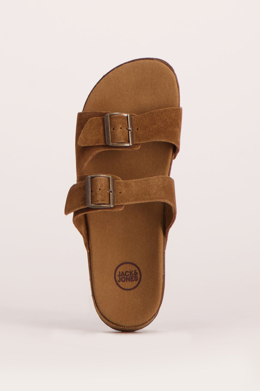 Bruine sandalen in bruin suède van ACCESSORIES BY JACK & JONES, met twee bandjes met metalen gespen en een kurkzool.