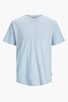 Light blue short-sleeve t-shirt with round neckline and small embroidered logo on chest, front view