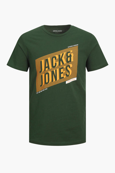 Kaki short-sleeve t-shirt by Jack & Jones with bold orange and white graphic logo, striped design, and crew neck front view