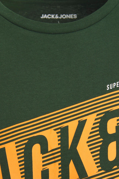 Kaki short-sleeve t-shirt by Jack & Jones with bold orange and black graphic print, ribbed crew neck, close-up front view