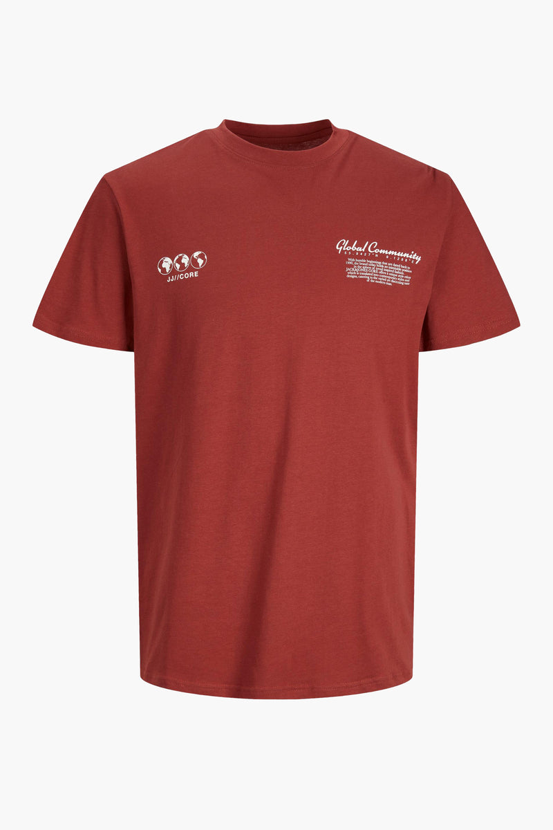 Rouge short-sleeve t-shirt by JACK & JONES CORE with white chest graphics, round neck, and clean fit front view