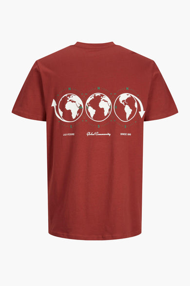 Red short-sleeve t-shirt with three white globe graphics and compass details, back view, featuring "Global Community" text and directional arrows.