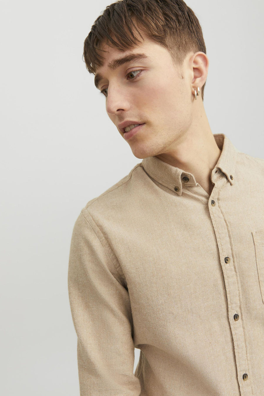 Beige overhemd met lange mouwen van Originals by Jack & Jones, van getextureerd katoen, met knoopsluiting.