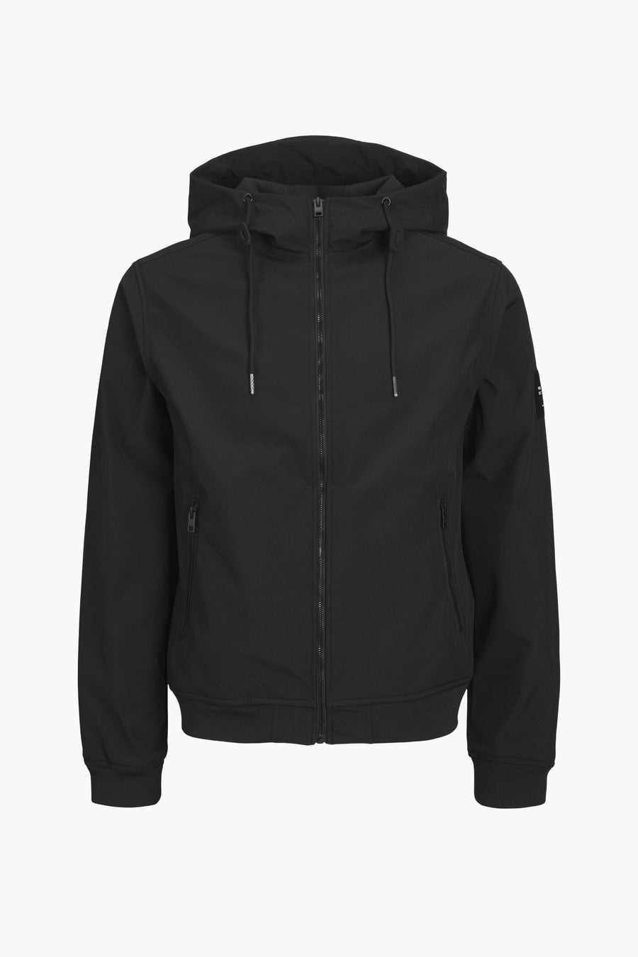 Veste courte noire de JACK & JONES avec une capuche et une fermeture éclair sur un fond blanc.
