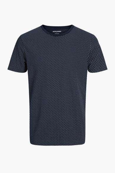 Navy blue short-sleeve t-shirt with white micro-pattern by Jack&Jones, front view, round neckline