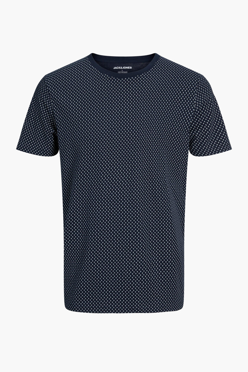 Navy blue short-sleeve t-shirt with white micro-pattern by Jack&Jones, front view, round neckline