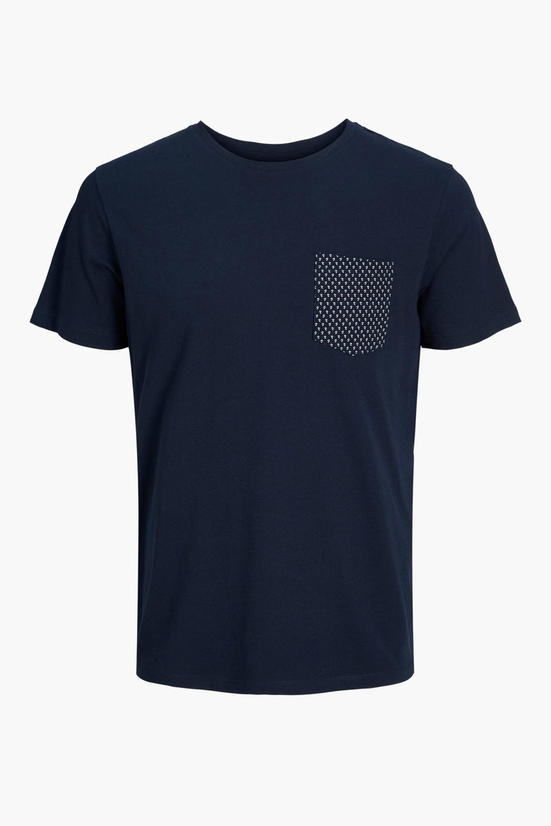 Navy blue short-sleeve t-shirt with front pocket featuring small white anchor pattern, round neckline, and clean fit.