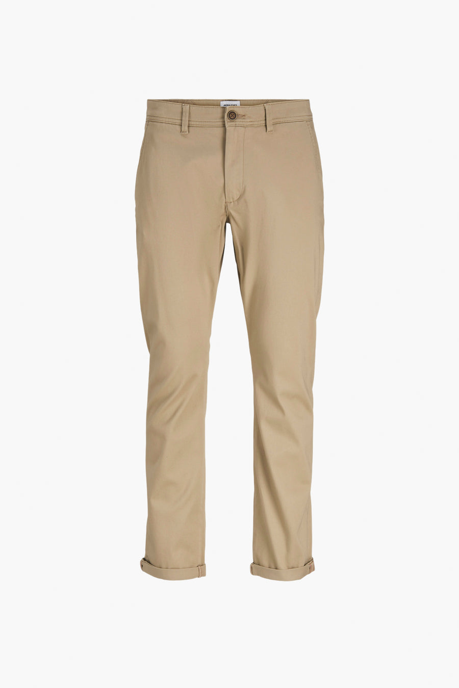 Beige chino van JACK & JONES JEANS INTELLIGENCE met een klassieke pasvorm en bruine schoenen.