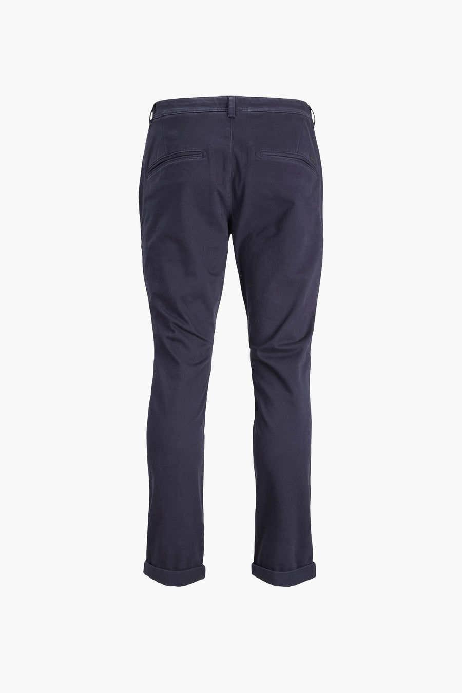Blauwe chino van JACK & JONES JEANS INTELLIGENCE, achterkant, met opgerolde zomen.