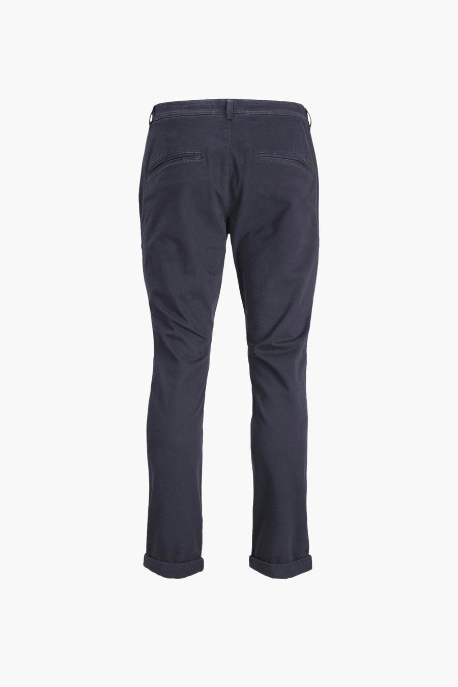 Blauwe chino van JACK & JONES JEANS INTELLIGENCE, achterkant met paspelzakken en omgeslagen zomen.