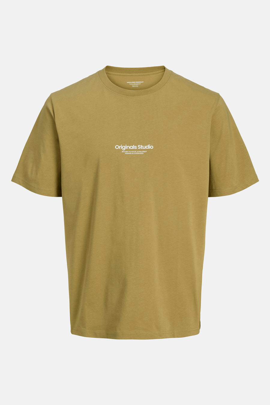 Olijfgroen T-shirt met korte mouwen van Originals by Jack & Jones, met witte opdruk op de voorkant.