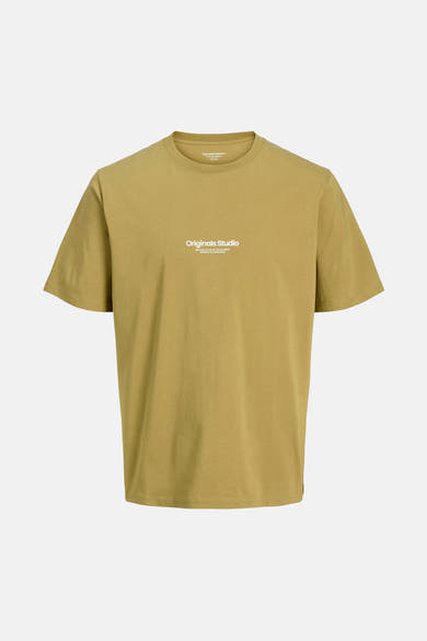 Olijfgroen T-shirt met korte mouwen van ORIGINALS BY JACK & JONES, met witte letters.