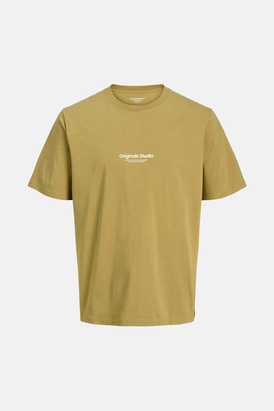 Olijfgroen T-shirt met korte mouwen van ORIGINALS BY JACK & JONES, met witte letters.