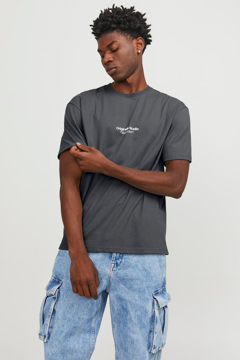Grijze T-shirt met korte mouwen van ORIGINALS BY JACK & JONES, gedragen met een verbleekte cargobroek, achtergezicht.
