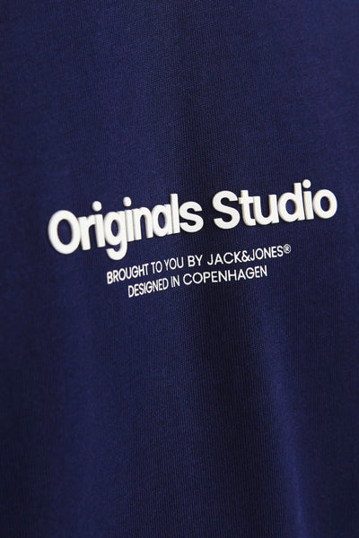 T-shirt bleu à manches courtes de Originals by Jack & Jones avec un logo blanc imprimé.
