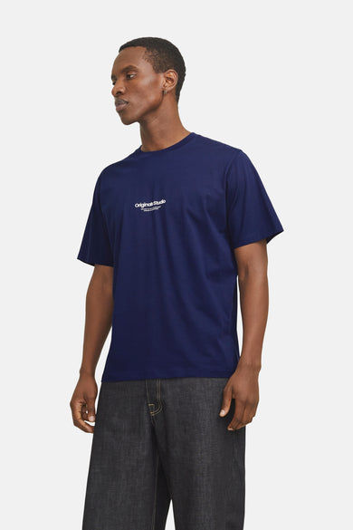 Blauwe tanktop van Originals by Jack & Jones met een witte logo-afdruk.