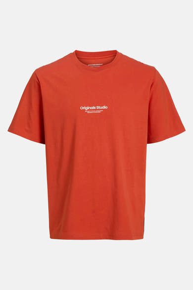 Oranje T-shirt met korte mouwen van ORIGINALS BY JACK & JONES, met een witte 'Originals Studio' print.